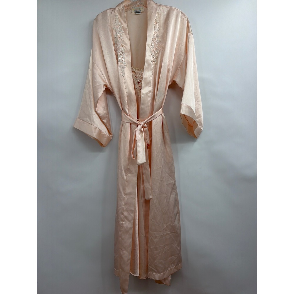 Dentelle Vintage Peach Satin Robe and Nightgown Set Lace Trim Corset Back Large